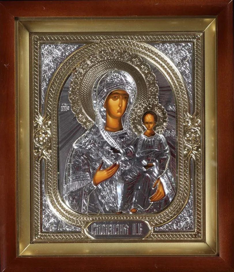 ხატი კიოტში 18×24 რთული, ტემპერა, მოცულობითი მოჭედილობა №1 სმოლენსკის ღვთისმშობელი