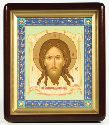 Icon in icon case 18×24 shaped, tempera, gilded frame, enamel Saviour Not Made by Hands