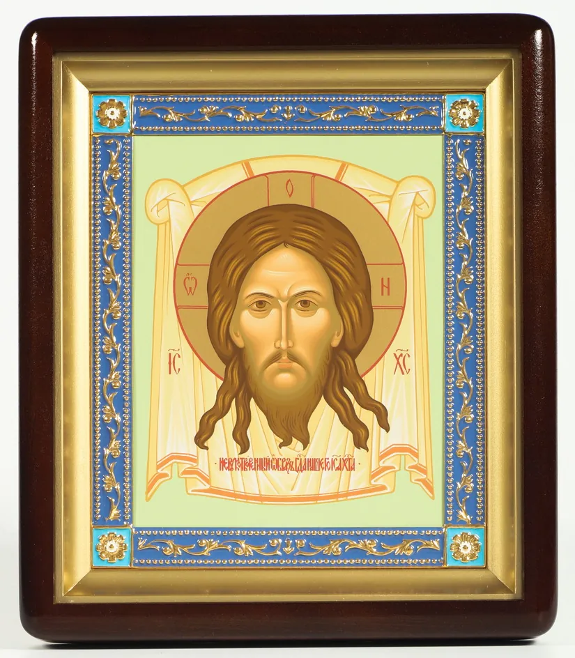 ხატი კიოტში 18×24 ფიგურული, ტემპერა, მოოქროვილი ჩარჩო, მინანქარი ხელთუქმნელი მაცხოვარი
