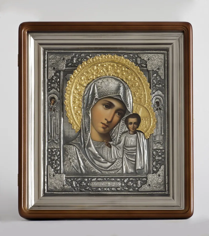 Painted icon in icon case 24×30 oil, riza cover №88, niello silver plating, icon case №1 Kazan Mother of God