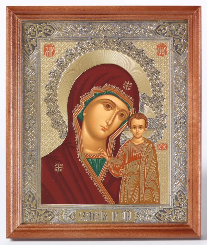 ხატი ხის ჩარჩოში №1 18×24 ტემპერა №5 ყაზანის ღვთისმშობელი (თეთრი ფონი)
