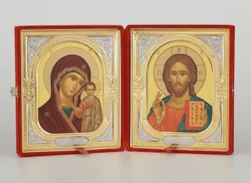 Folding icon in case 18×24 velvet, tempera, riza frame partly gilded Saviour-Kazan Mother of God