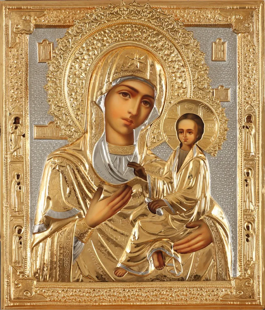 Painted icon of the Mother of God «Tikhvin» 50×60, oil, riza cover №196, gilding