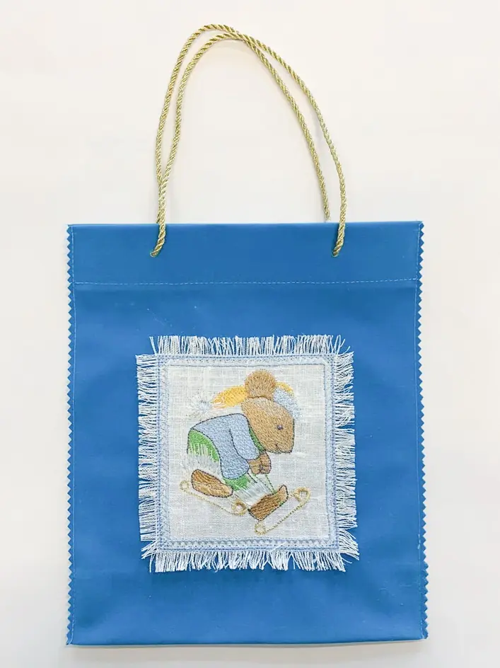 Bag №2 for Christmas gifts with machine embroidery 21×25 №1, light-blue