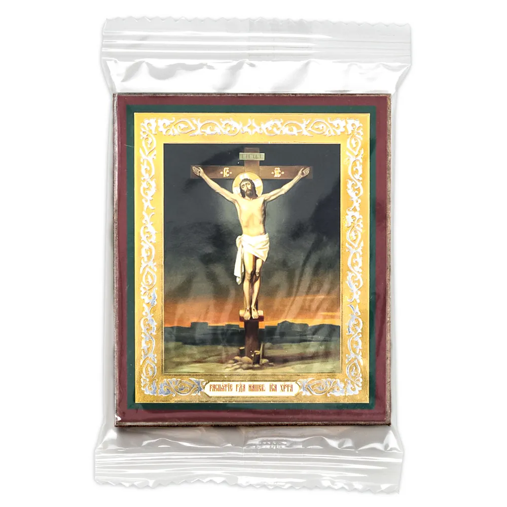 Icon on wooden panel 6×9 double embossing, annotation, packaging Crucifixion