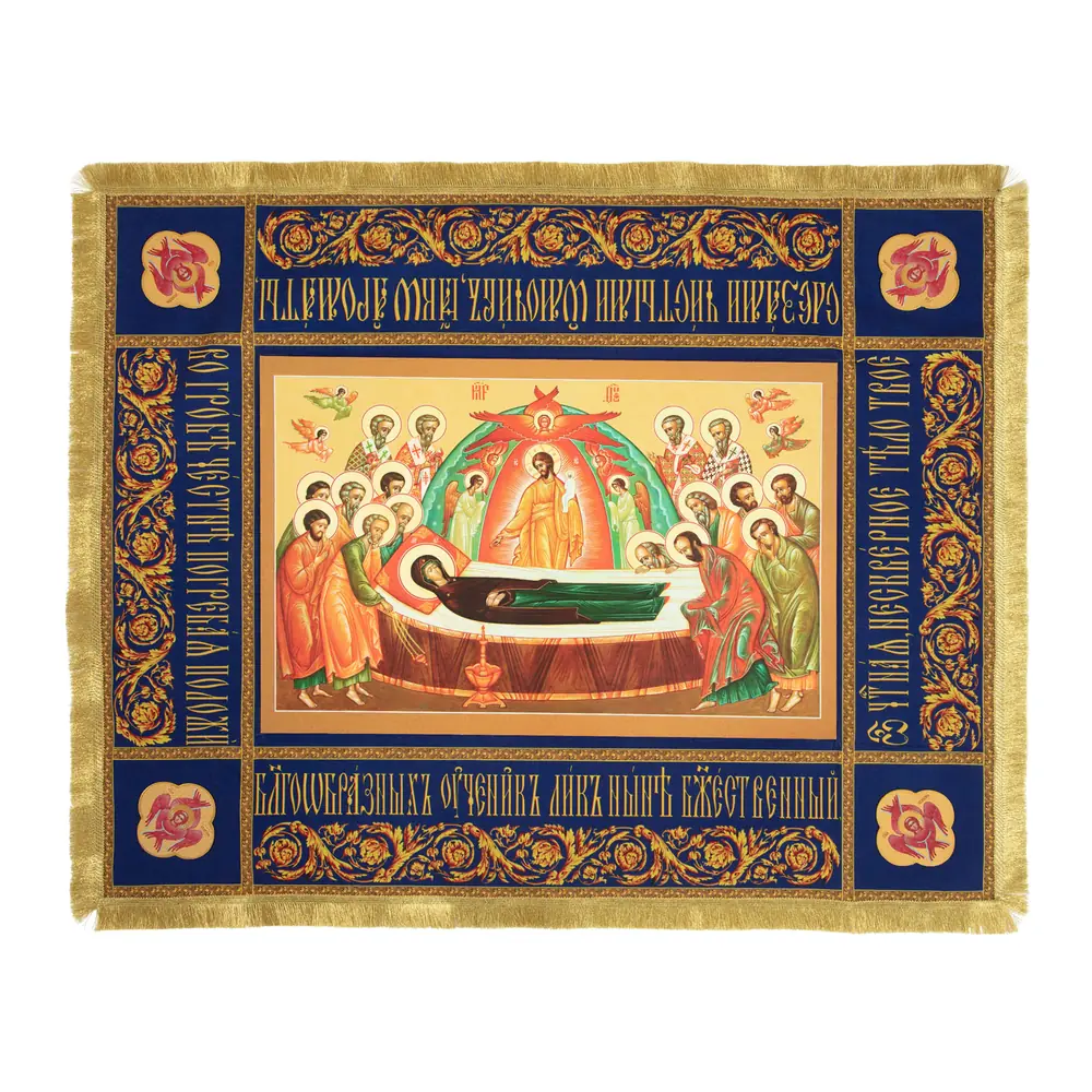 Epitaphios small velvet, sublimation print, canvas of the Most Holy Theotokos №1 blue