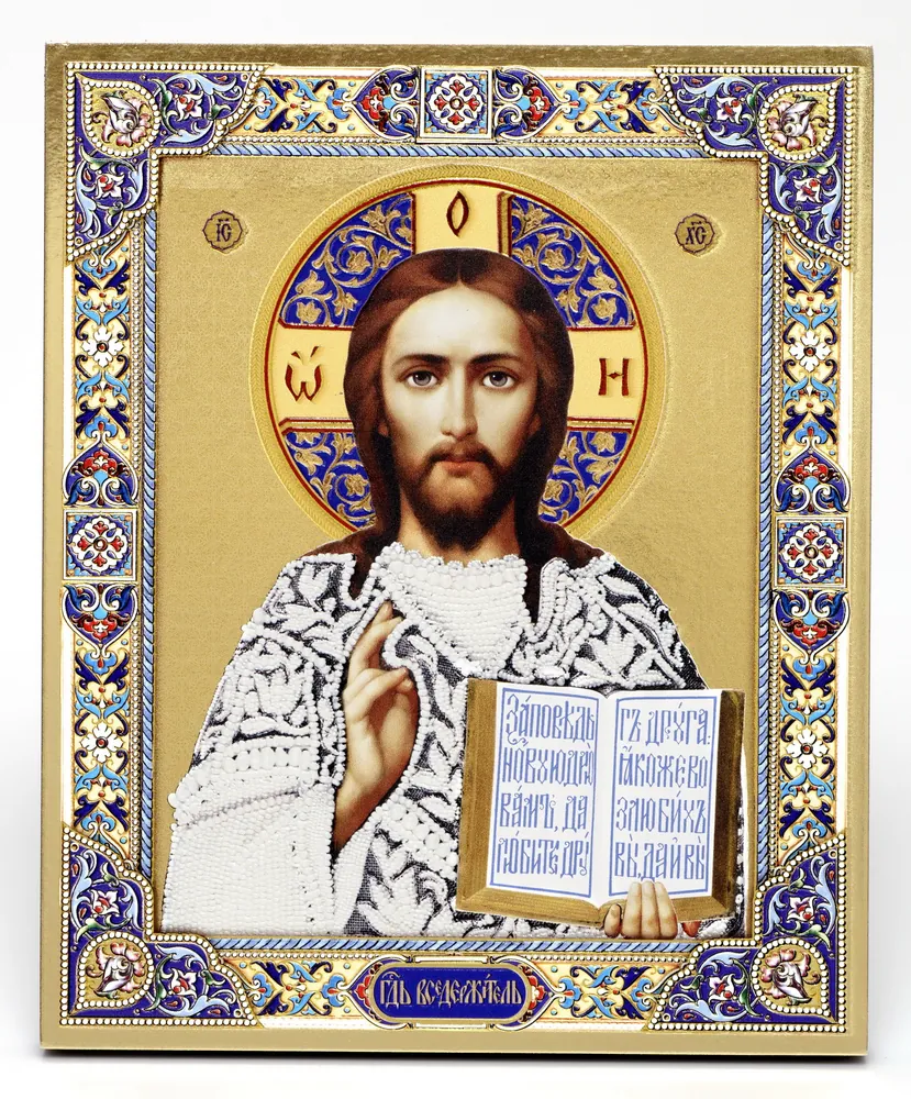 Icon on board 18×24 gilded finish, 3D print, varnish Saviour 5 (pearls)