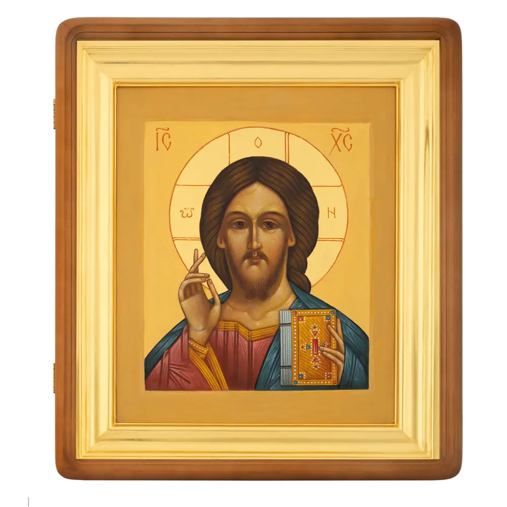 Painted icon on board in icon case 24×30 oil, gilded halo, icon case №1 Saviour, 04049