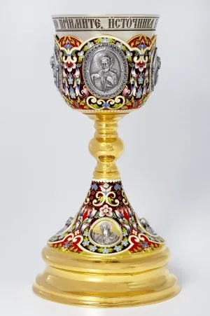 Chalice 1.0 l 8-cast images, filigree, enamel, painting, gilding, nickel silver cup