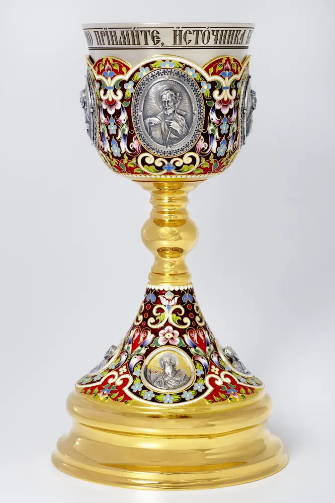 Chalice 1.0 l 8-cast images, filigree, enamel, painting, gilding, nickel silver cup