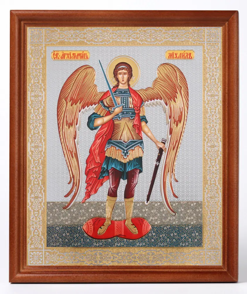 Icon in wooden frame №1 18×24 double embossing Archangel Michael (full-length)