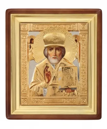 Painted icon in icon case 22×26 oil, riza cover №95, icon case №1 Nicholas the Wonderworker