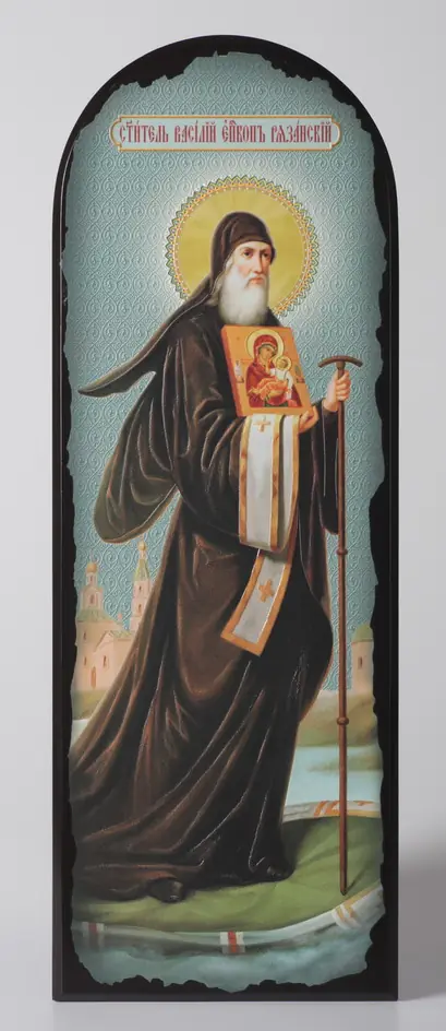 Icon on MDF 18×50 arched, 3D print, varnish Basil of Ryazan full-length