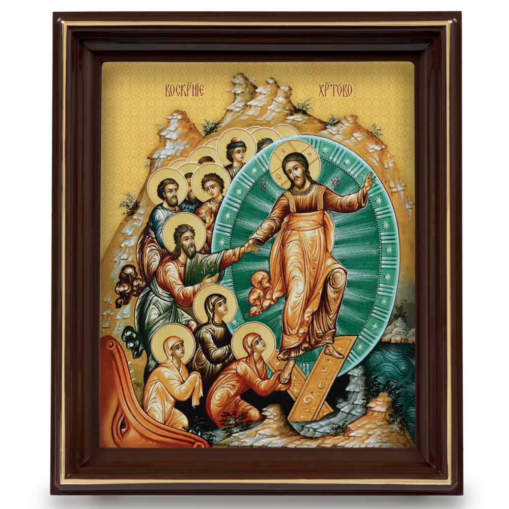 Icon on plastic 13×16 3D print, varnish, in plastic frame on stand Resurrection of Christ 1