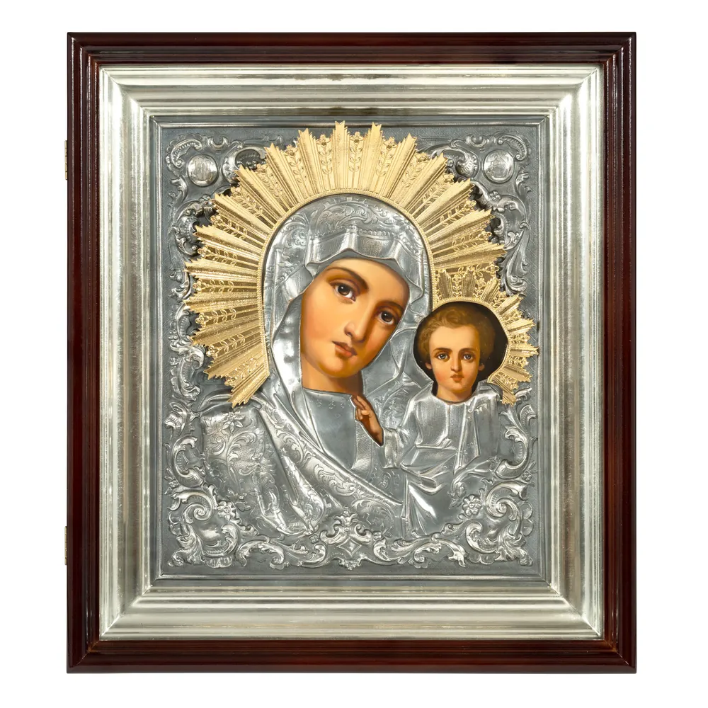 ფერწერული ხატი კიოტში 24×30 ზეთი, მოჭედილობა №251, გაშავებული მოვერცხლვა, კიოტი №1 ყაზანის ღვთისმშობელი
