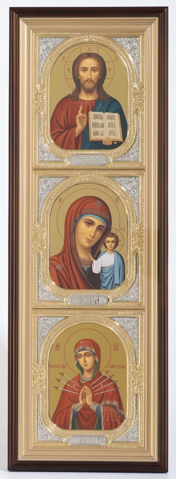 Icon in icon case 20×70 complex, tempera, 3D riza frame, open, gilding, nickel plating Saviour 1-Kazan Mother of God 1-Seven Arrows 1