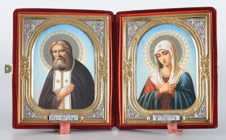 Folding icon in case 18×24 velvet, double embossing, riza frame partly gilded Seraphim of Sarov-Tenderness