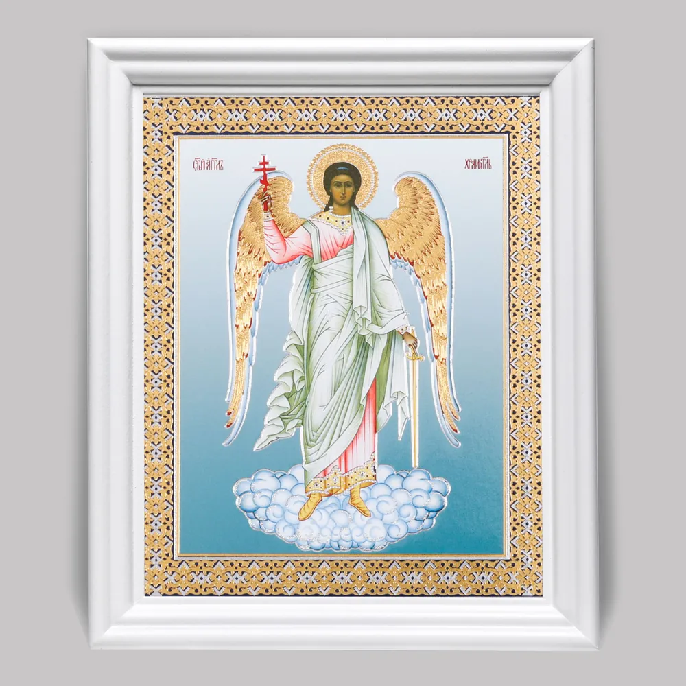Икона в деревянной рамке №3 11х13 (белая) двойное тиснение Ангел-Хранитель (ростовой)