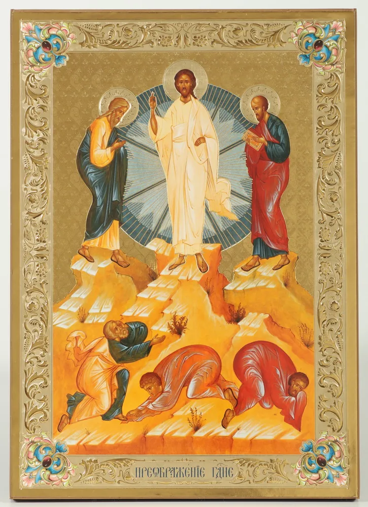 Icon on wooden panel 21×32 chipboard blind embossing, packaging Transfiguration
