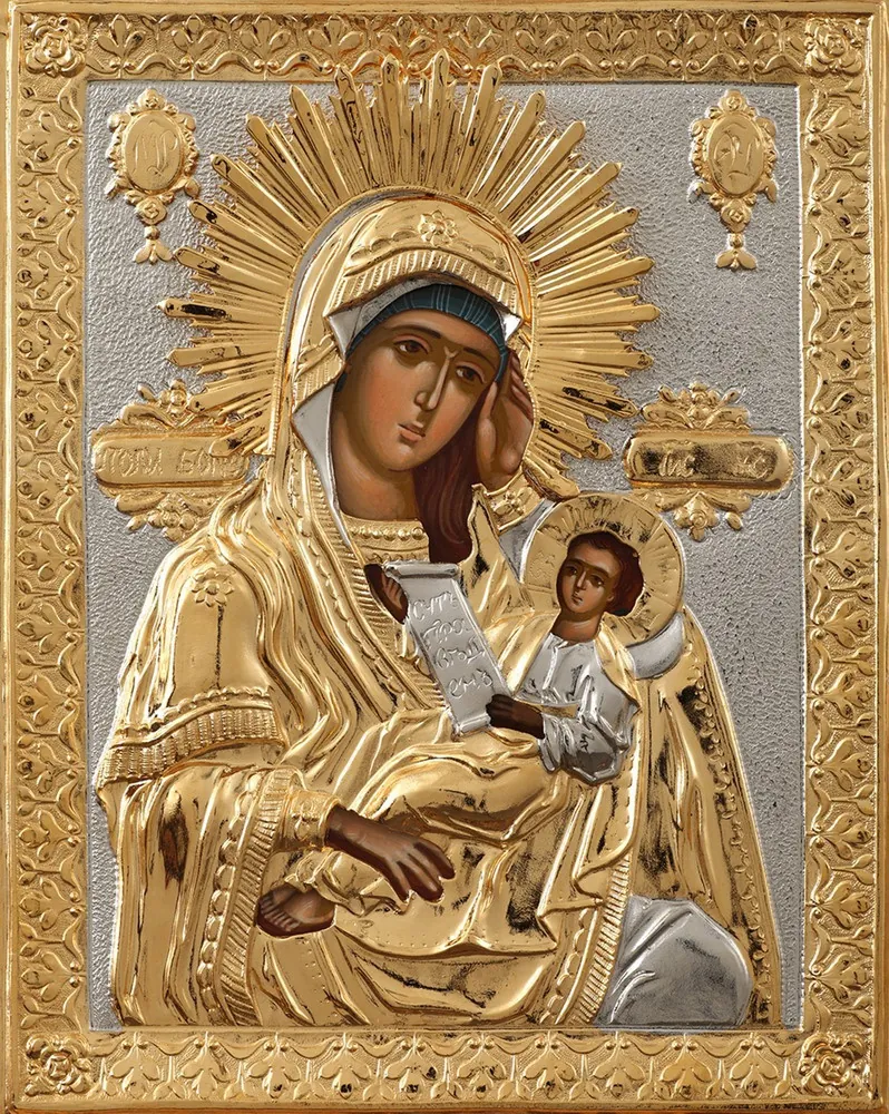 ღვთისმშობლის ფერწერული ხატი «დამიცხრე სნეულებანი» 18×24, ზეთი, მოჭედილობა №9, მოოქროვება