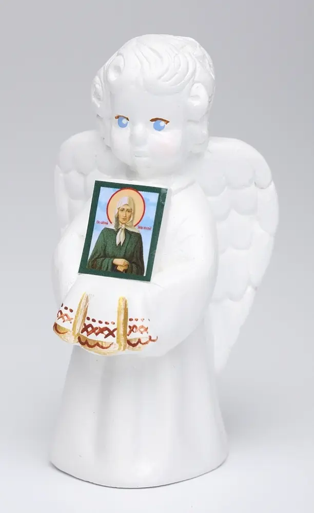 Guardian Angel plaster sculpture with icon Xenia of St Petersburg