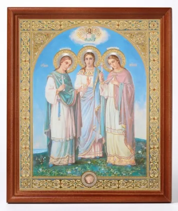 Icon in wooden frame №1 18×24 double embossing Minodora, Mitrodora, Nymphodora