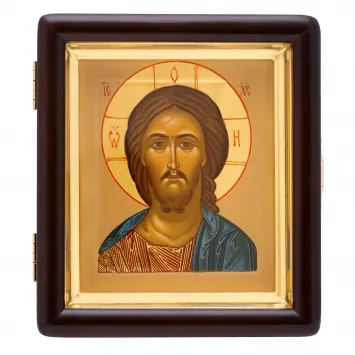Painted icon on board in icon case 11×13 tempera, gilded halo, recessed field, icon case №1 Saviour, 03207