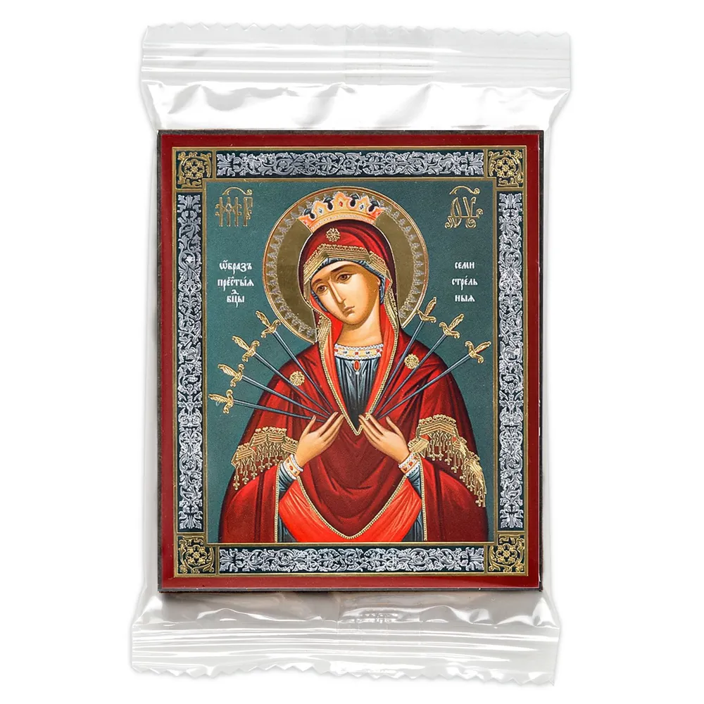 Icon on wooden panel 6×9 double embossing, annotation, packaging Seven Arrows Mother of God 3