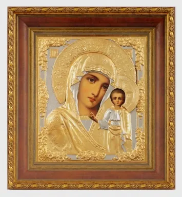 Painted icon in icon case 24×30 oil, riza cover №17, matte gilding, icon case №22 Kazan Mother of God