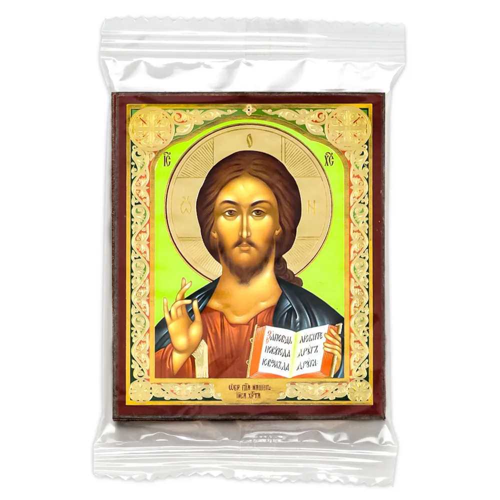Icon on wooden panel 6×9 double embossing, annotation, packaging Saviour 28