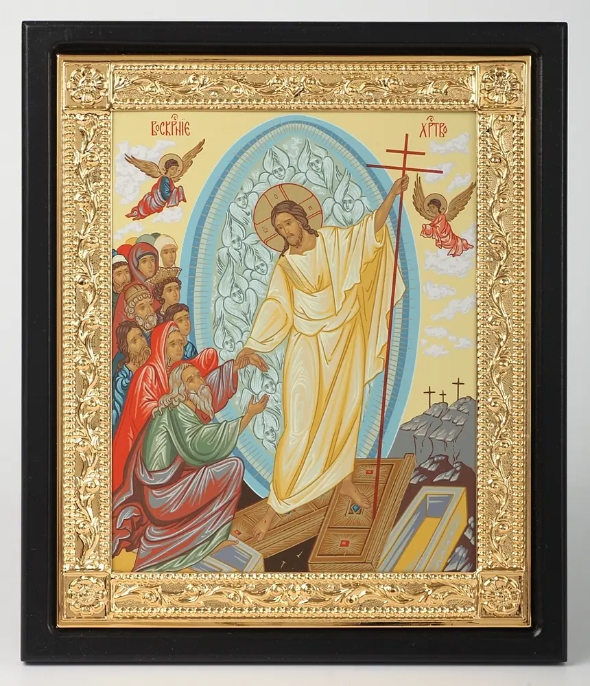 Icon in riza 18×24 panel, gilded frame, tempera, packaging Resurrection of Christ 2
