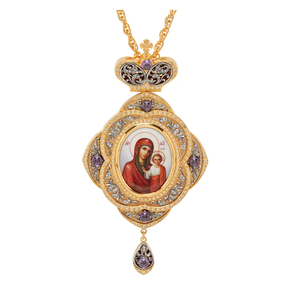 Panagia №1286 / cubic zirconia guilloché, decal / gilding, silver plating / Kazan Mother of God