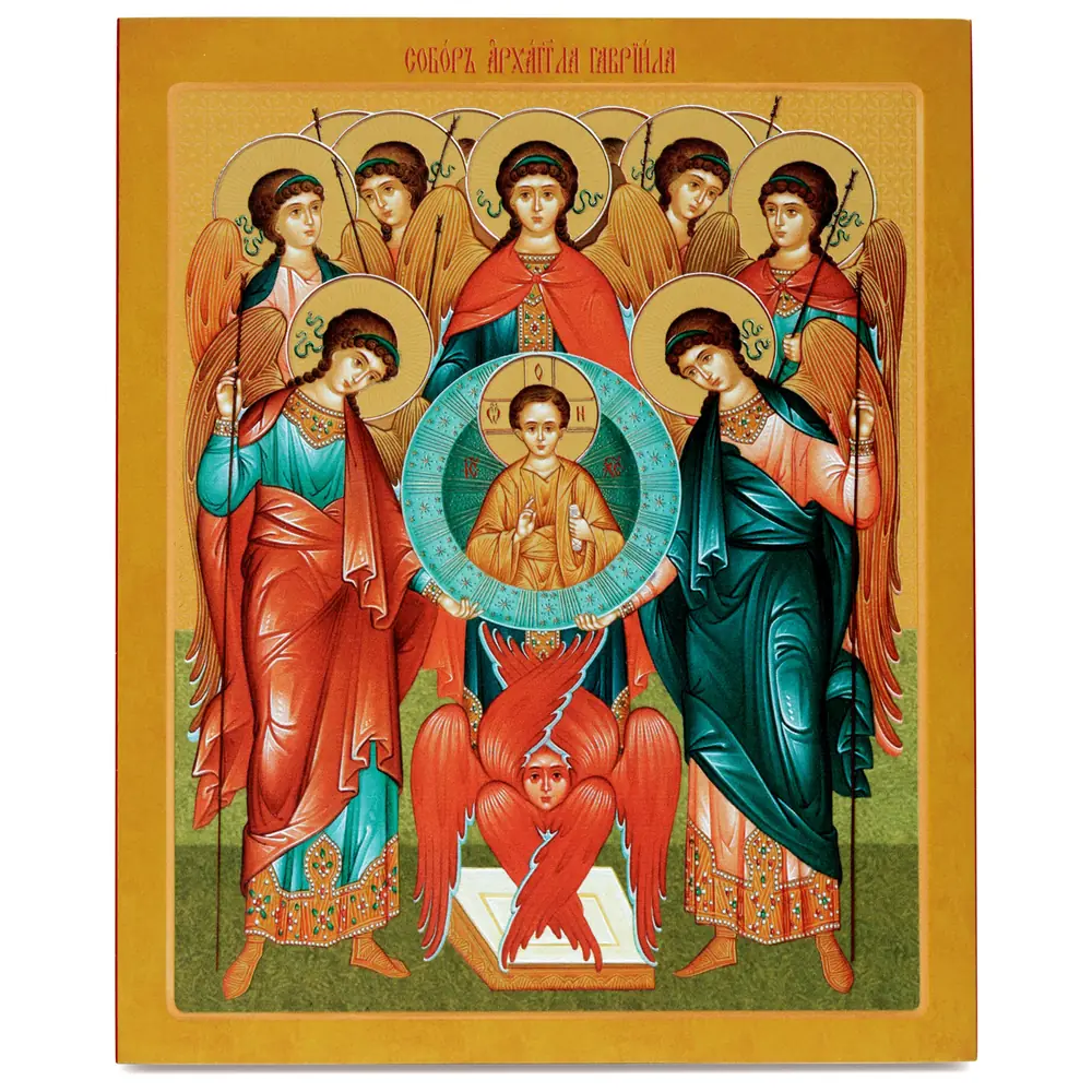 Icon on board 18×24 gilded finish, 3D print, varnish Synaxis of Archangel Gabriel