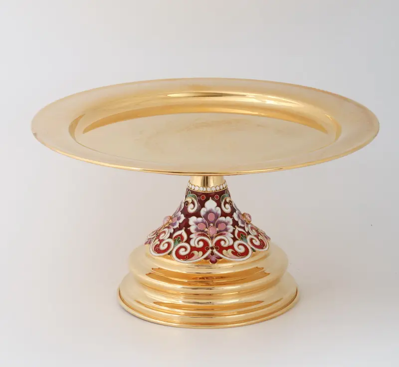 Paten with paten stand / Ø 280 mm-cone chalice 1,5 l / filigree, enamel, hand engraving / gilding