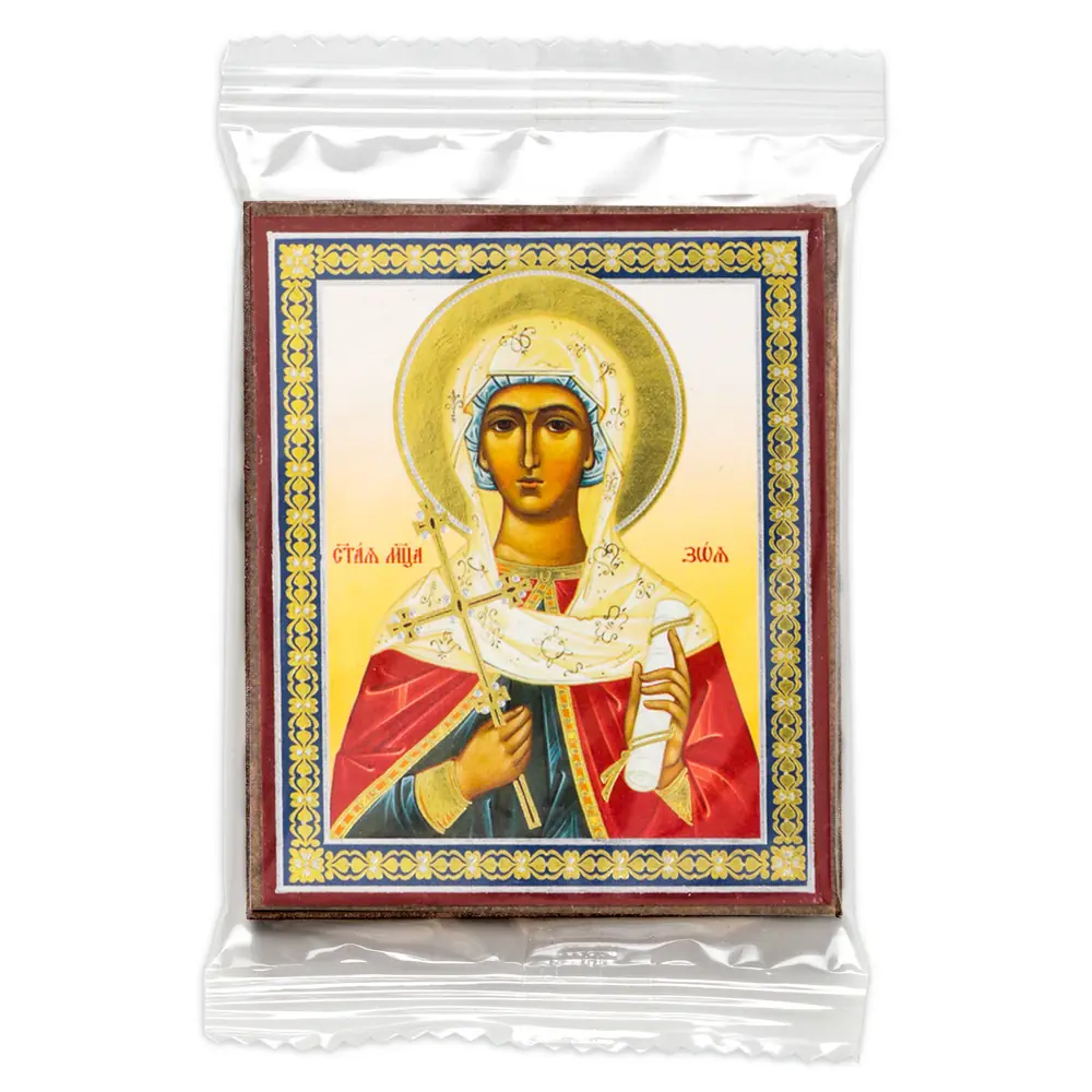 Icon on wooden panel 6×9 double embossing, annotation, packaging Zoe of Rome, Martyr