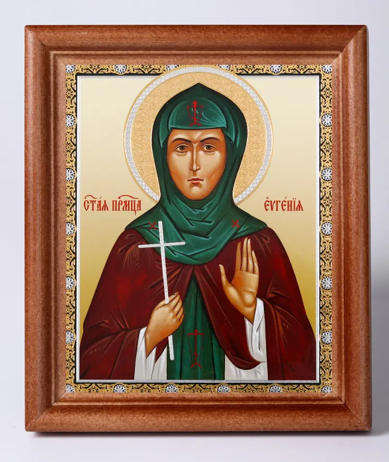 Icon in wooden frame 11×13 Name Day set, double embossing Eugenia of Rome, Venerable Martyr
