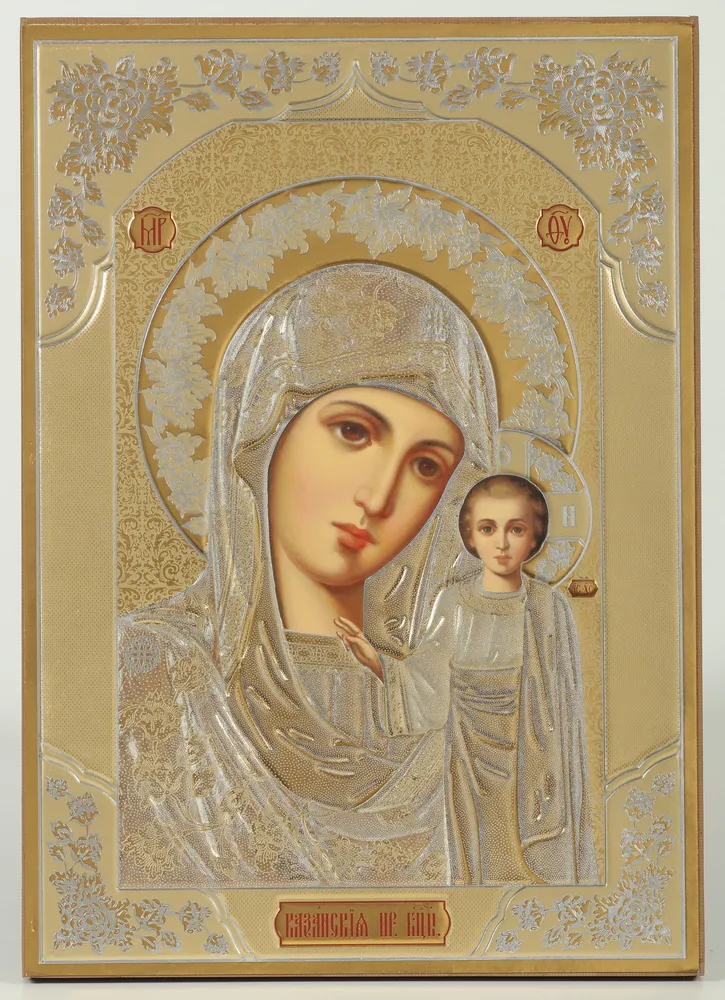 Icon on wooden panel 21×32 chipboard blind embossing, packaging Kazan Mother of God 2