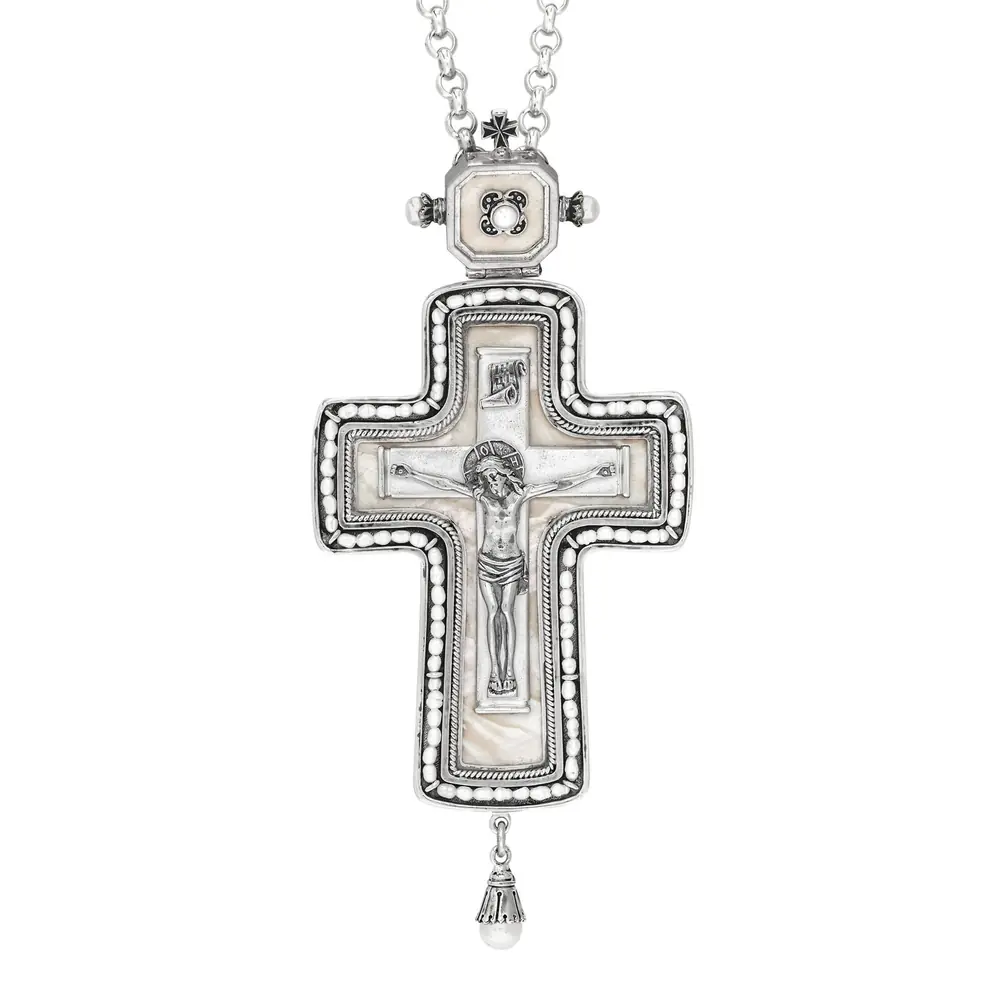 Pectoral cross №185 cast Crucifixion, mother-of-pearl / silver plating