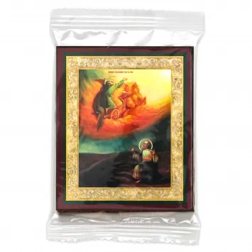 Icon on wooden panel 6×9 double embossing, annotation, packaging Fiery Ascension of the Prophet Elijah