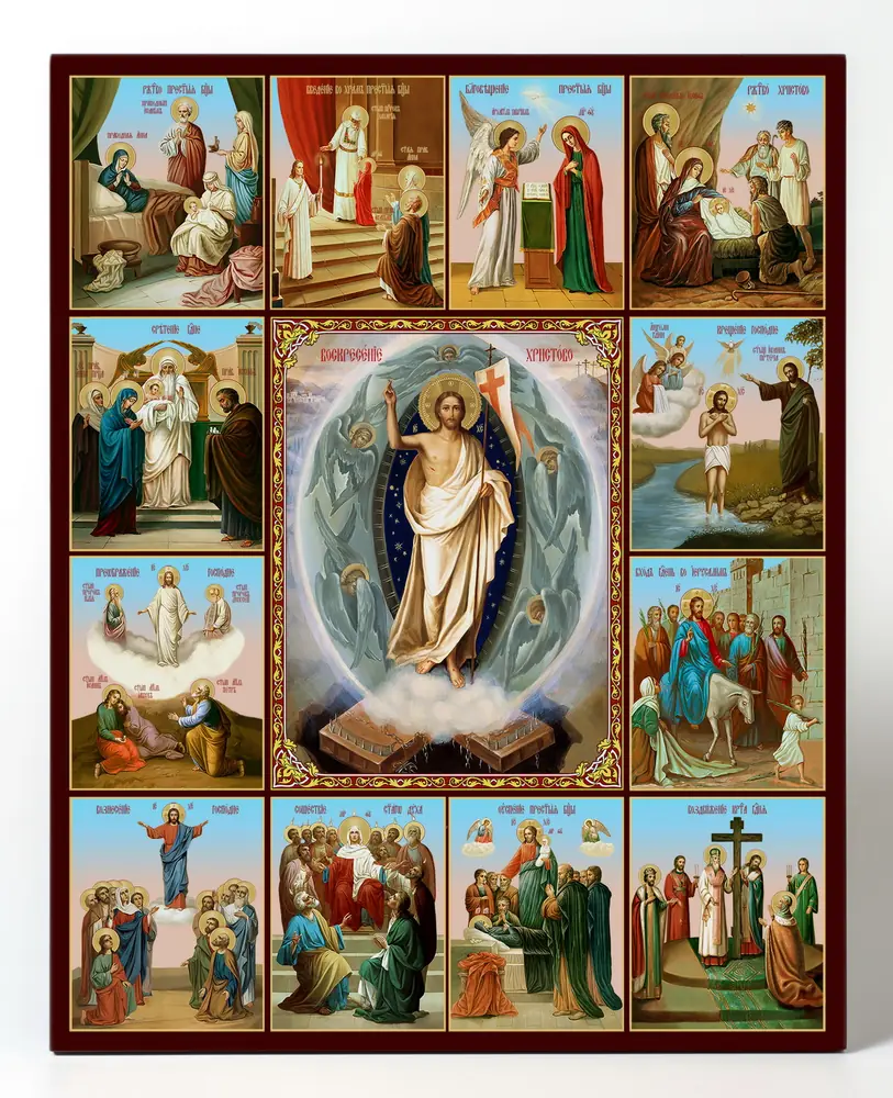 Icon on board 40×50 3D print, varnish Resurrection of Christ with Life scenes 2