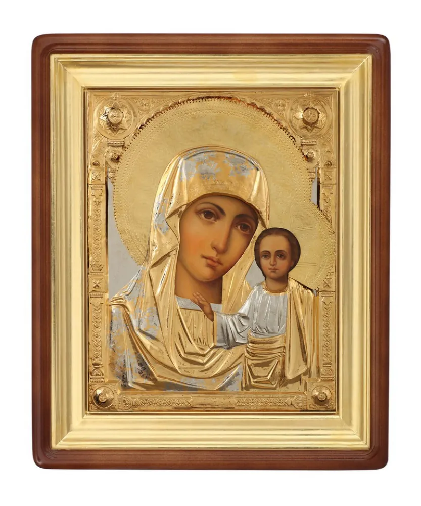 Painted icon in icon case 70×90 oil, riza cover №155, icon case №1 Kazan Mother of God