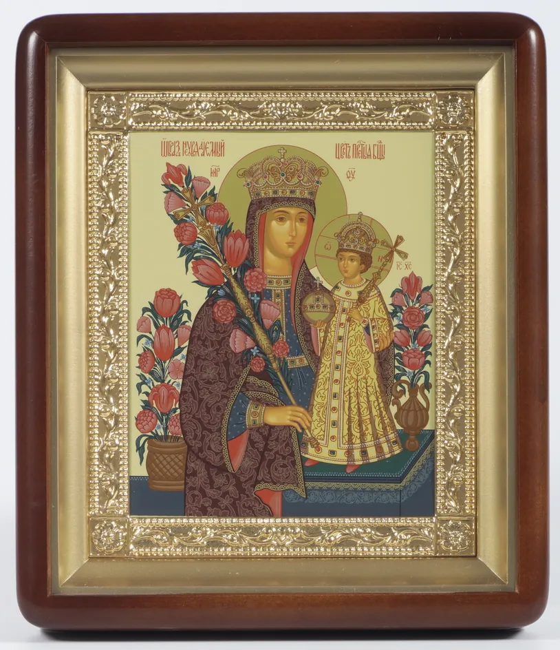 Icon in icon case 18×24 shaped, tempera, gilded frame Unfading Flower