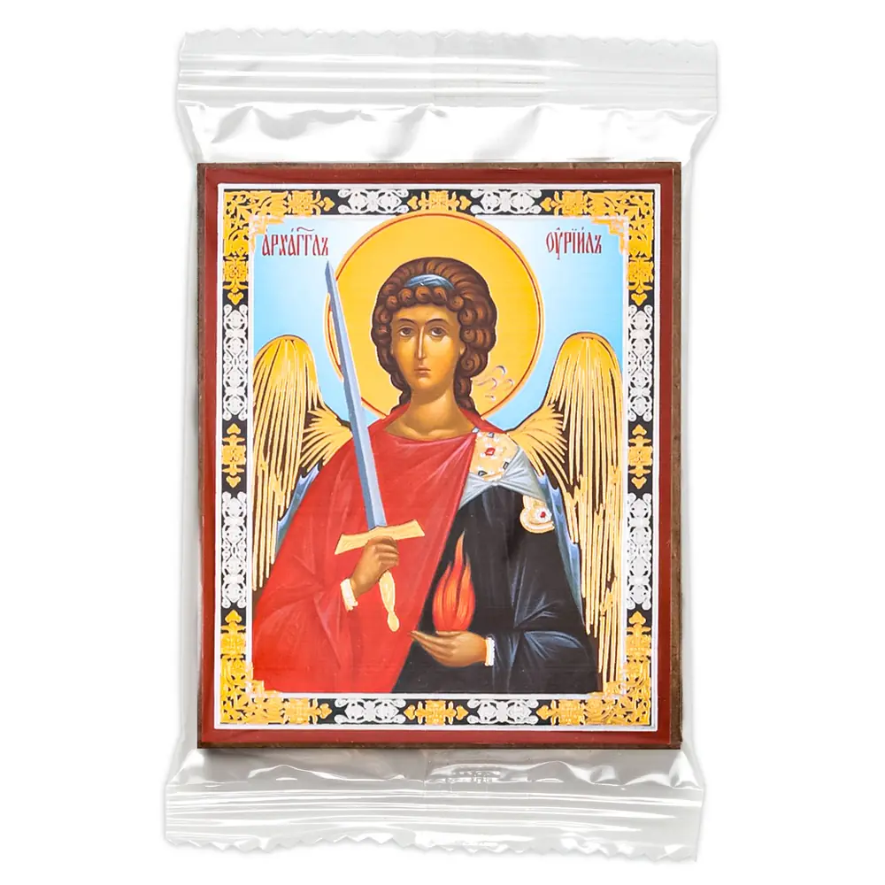Icon on wooden panel 6×9 double embossing, annotation, packaging Archangel Uriel