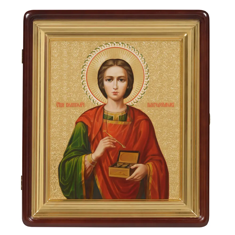 Painted icon on board in icon case 24×30 oil, gilded chased background, enamel, icon case №1 Panteleimon, 05180