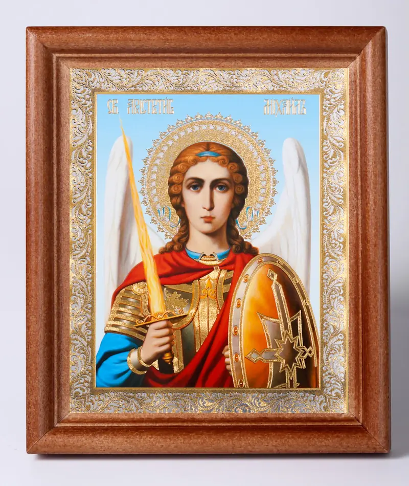 Икона в деревянной рамке 11х13 Набор с Днем Ангела, двойное тиснение Михаил Архангел (поясной)