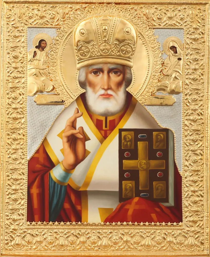 Painted icon of St Nicholas the Wonderworker 40×50, oil, riza cover №141, gilding