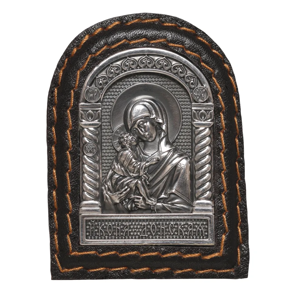 Icon in metal frame car on adhesive tape electroforming leather silver plating niello Don Mother of God