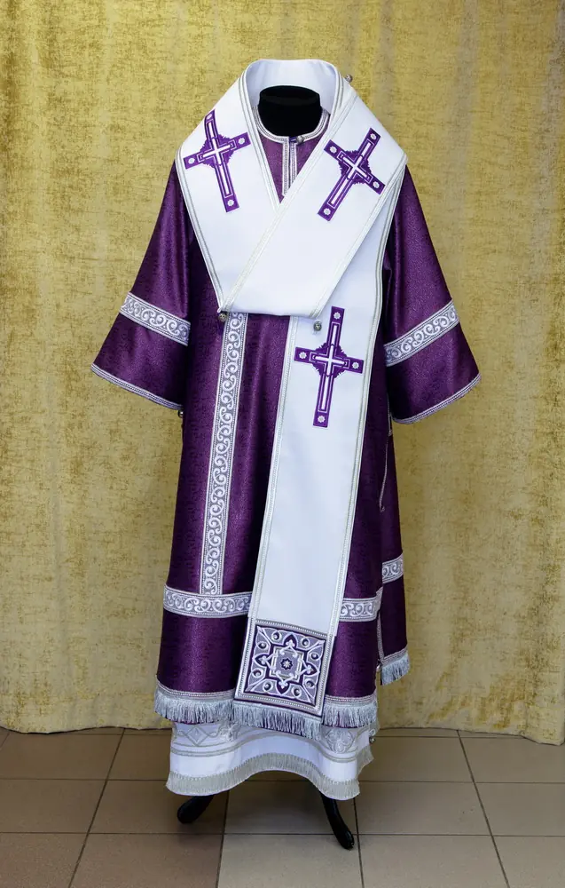 Bishop's vestment brocade, embroidered galloons, omophoria gabardine, machine embroidery violet