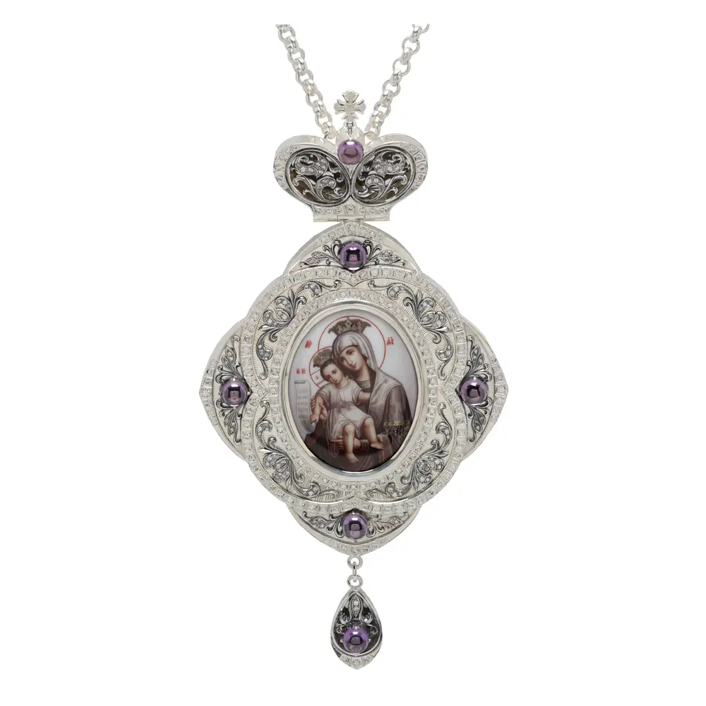 Panagia №1286 / cubic zirconia guilloché, decal / silver plating / Worthy It Is
