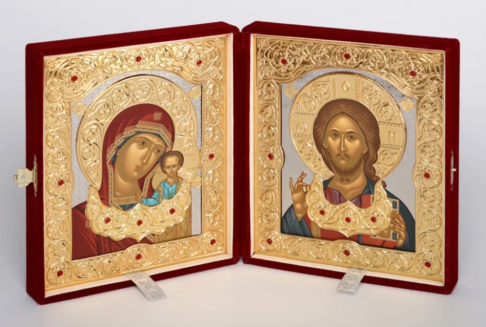 Folding icon in case 18×24 velvet, tempera, 3D riza cover with tsata, gilding, nickel plating Saviour-Kazan Mother of God